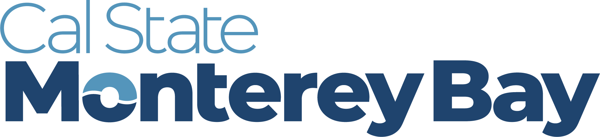 Logo of Cal State Monterey Bay, featuring the text 'Cal State' in light blue and 'Monterey Bay' in dark blue, with a stylized wave design inside the letter 'o' in 'Monterey'.