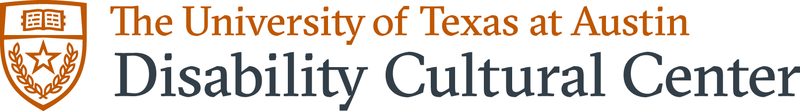 Logo of The University of Texas at Austin Disability Cultural Center, featuring the university's emblem on the left and the center's name in orange and dark gray text.