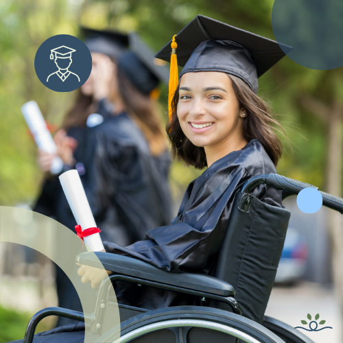 Young woman in a black graduation gown and cap with a gold tassel, seated in a wheelchair and holding a rolled diploma with a red ribbon. She smiles at the camera, with other blurred graduates visible behind her. The scene takes place outdoors on a sunny day, with green trees in the background. Soft circular overlays in cream and dark blue appear in the corners. Upper left features a white graduation cap icon inside a blue circle. NDCSS logo bottom right.