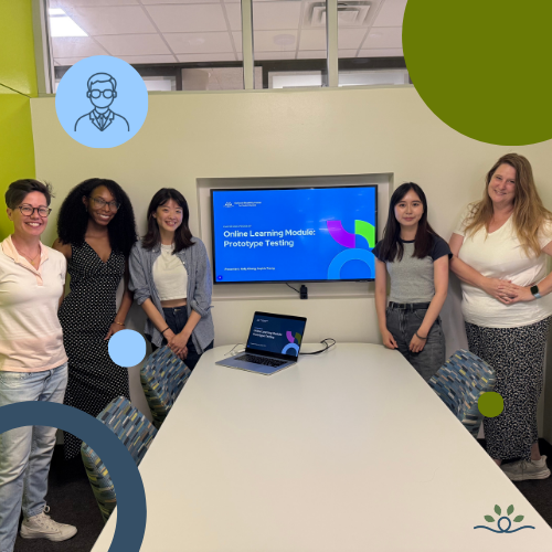 Five individuals of diverse ethnic backgrounds standing in a meeting room, smiling toward the camera. A large wall-mounted screen behind them displays a blue slide titled “Online Learning Module Prototype Testing” with colorful green and blue arc graphics. Circular overlays in light blue and green decorate the image. Upper left has a white faculty icon inside a blue circle. NDCSS logo bottom right.