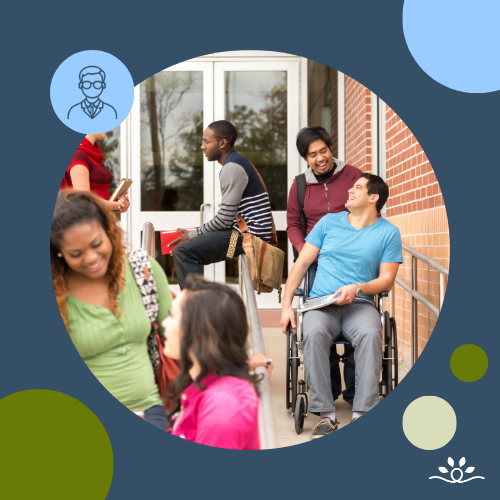 Circular-cropped image over dark blue background showing a group of students outside a red-brick campus building. A man in a wheelchair, holding a notebook, smiles while talking to another man standing beside him. Students walk and talk nearby. Circular overlays in green, cream, and blue decorate the background. Upper left contains a white faculty icon in a blue circle. NDCSS logo bottom right.