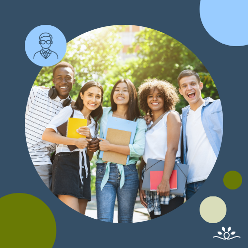 Circular-cropped image over dark blue background of five diverse students standing outdoors on a sunny day, smiling and holding books and folders. Green, cream, and blue accent circles frame the background. Upper left contains a white faculty icon in a blue circle. NDCSS logo bottom right.