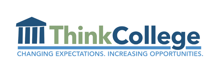 The logo of Think College, featuring a stylized blue and green image of a column with the text "Think College" in bold next to it. Below the text, a tagline reads, "Changing Expectations. Increasing Opportunities.