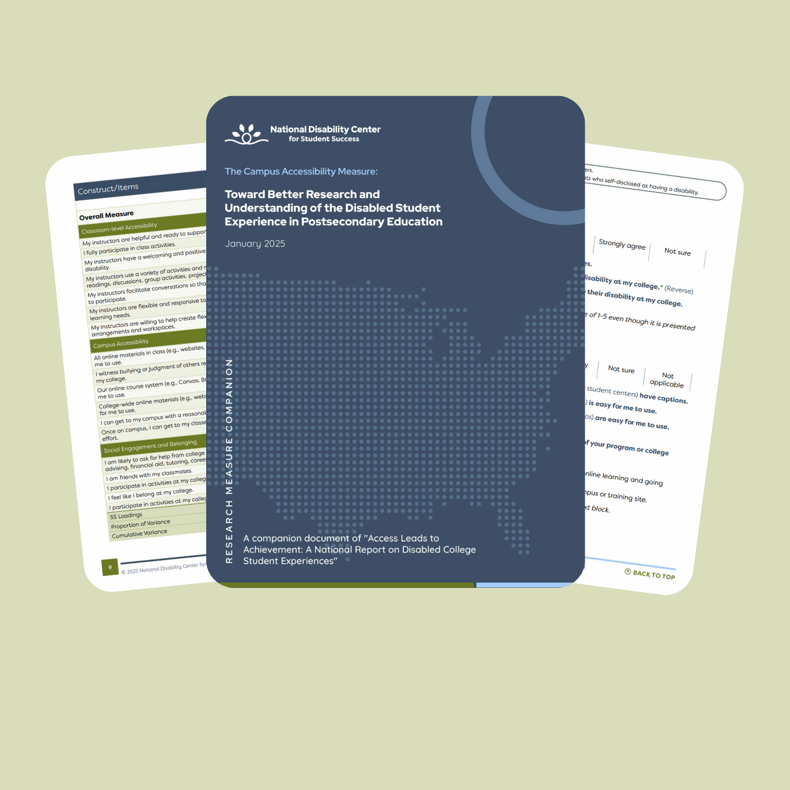 The first image is a stylized thumbnail cover design for a companion report from the National Disability Center for Student Success. The cover features a dark blue background with a dotted map of the United States in light blue. The title reads, "The Campus Accessibility Measure: Toward Better Research and Understanding of the Disabled Student Experience in Postsecondary Education," with a subtitle indicating it's a companion document to "Access Leads to Achievement: A National Report on Disabled College Student Experiences." The National Disability Center’s logo is at the top, and there are circular design elements in light blue and green accents along the bottom edge.