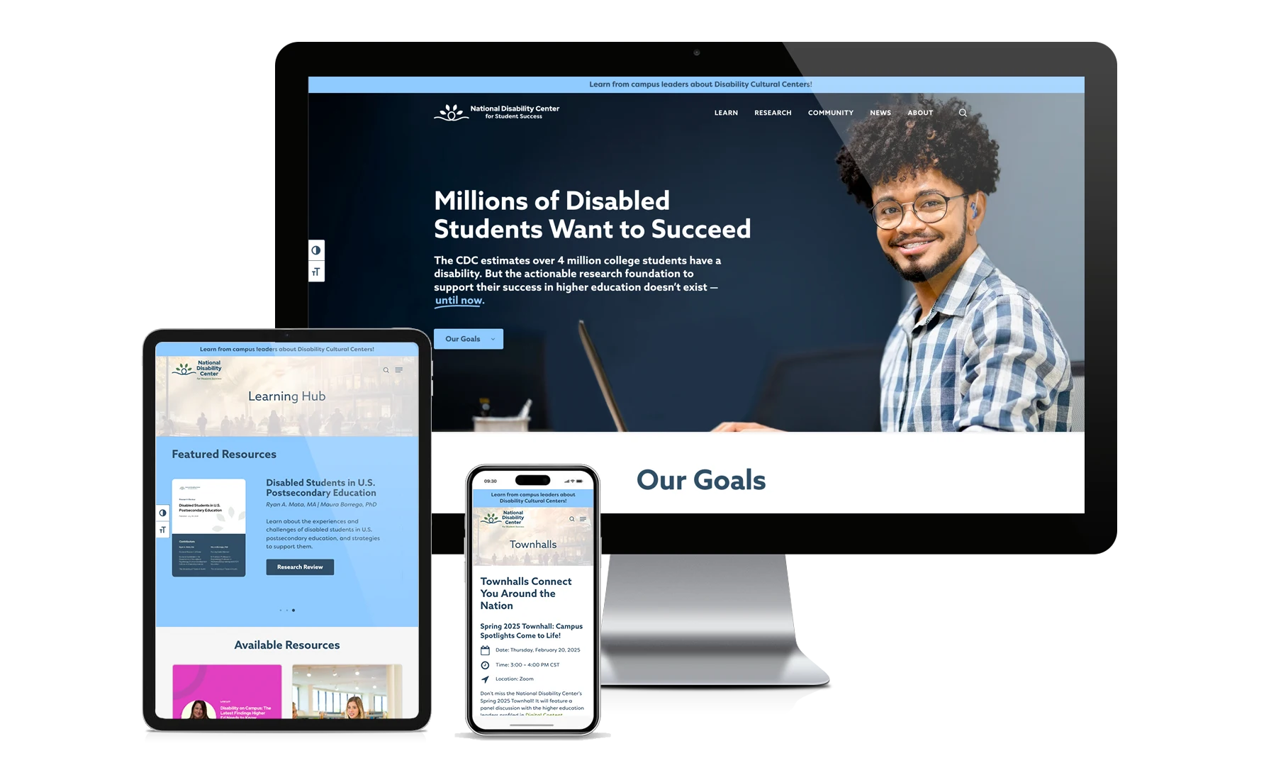 image of the National Disability Center for Student Success's website on various devices, phone, tablet and desktop computer