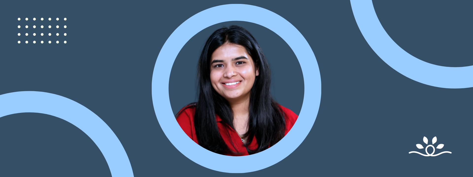 A young woman with long black hair smiles against a navy blue background. She wears a bright red blouse and is centered inside a large light blue circle. The design includes curved shapes and a dotted grid in pale yellow. The National Disability Center’s white logo appears in the bottom right corner.
