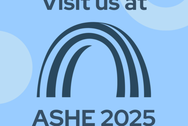 A light blue background with subtle circular patterns. Centered text reads “Visit us at” above a dark blue stylized arch similar in shape to the first image. Below the arch, bold text reads “ASHE 2025.” In the lower right corner, a small green logo with four leaves and a curved line sits as an accent.