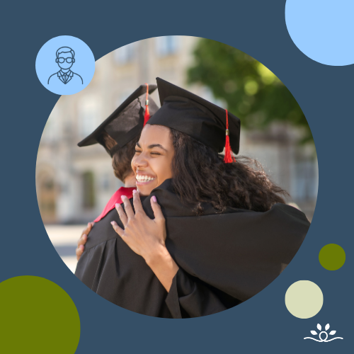 A young woman wearing a black graduation gown and cap with a red tassel smiles as she hugs another graduate outdoors. The background shows a blurred campus building in sunlight. The circular image sits on a blue background with light blue, green, and beige circular design elements and a small white national disability center logo.