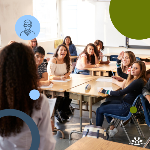 A college classroom scene with students seated around rectangular tables, engaging with a woman standing at the front of the room. One student raises her hand while others smile and participate in discussion. The room is bright with natural light from large windows. Overlay graphics include circular shapes in blue and green and a light blue icon of a person near the top left. The National Disability Center for Student Success logo appears in the lower right corner.