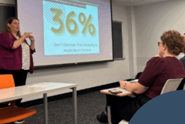 In a classroom setting, a woman wearing a burgundy blazer and patterned blouse stands at the front of the room, gesturing as she presents to a small group. Behind her, a projection screen displays a slide with large gold and green text reading “36%,” and smaller text below stating, “Don’t Disclose Their Disability to Anybody on Campus.” Three attendees sit attentively at desks facing the presenter — two in the foreground and two in the back right corner. The room has white brick walls, gray carpeting, and overhead fluorescent lighting. An orange chair and a white desk are visible in the foreground. In the lower right corner, a translucent blue overlay with the National Disability Center for Student Success logo — a circular line with four leaf shapes above it — subtly frames the image.