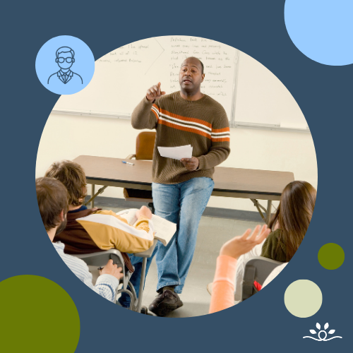 A circular photo shows an instructor standing at the front of a classroom, holding papers and gesturing while speaking to seated students who are raising their hands. The image sits on a dark blue background with overlapping circular shapes in green and light blue, creating a layered, modern design that centers classroom interaction and discussion.