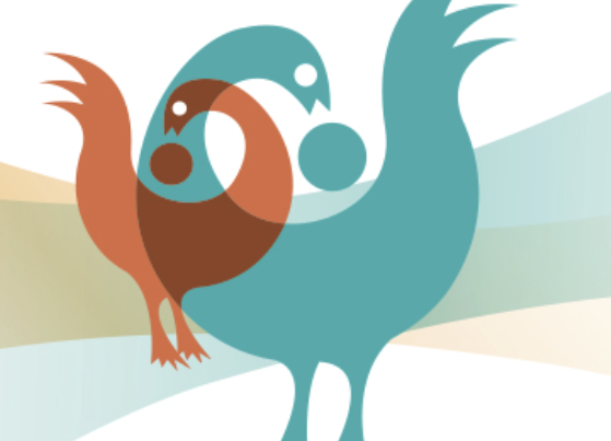 A stylized graphic shows two overlapping bird figures centered against a soft, abstract background of curved bands in muted beige, sage, and pale teal. The larger bird is teal with a rounded body, pointed beak, and upward-curving tail feathers. Layered over it is a smaller bird in warm orange with similar curved shapes and simplified features. Circular elements appear within and between the birds, creating a sense of motion and connection. The design uses smooth, rounded edges and flat colors, giving the illustration a modern, symbolic look that suggests dialogue, continuity, and forward movement.