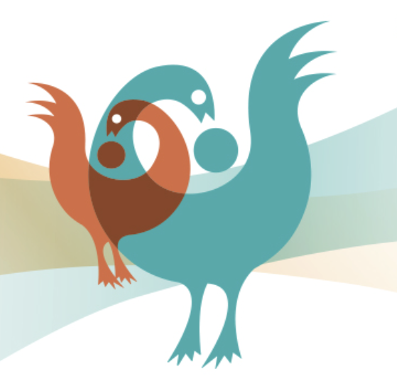 A stylized graphic shows two overlapping bird figures centered against a soft, abstract background of curved bands in muted beige, sage, and pale teal. The larger bird is teal with a rounded body, pointed beak, and upward-curving tail feathers. Layered over it is a smaller bird in warm orange with similar curved shapes and simplified features. Circular elements appear within and between the birds, creating a sense of motion and connection. The design uses smooth, rounded edges and flat colors, giving the illustration a modern, symbolic look that suggests dialogue, continuity, and forward movement.