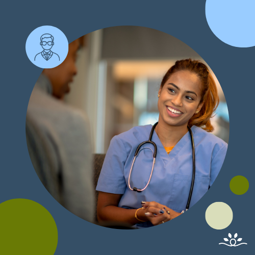 A circular photograph centered on a dark blue background shows a health care professional speaking with another person in a clinical setting. The health care professional, a woman with medium brown skin and dark hair pulled back into a ponytail, wears blue medical scrubs with a stethoscope around her neck and smiles while listening attentively. She faces a second person seated nearby whose back is partially visible in the foreground. Surrounding the circular image are decorative design elements consistent with the National Disability Center visual style, including light blue, green, and tan circular shapes and a small line icon of a person in the upper left corner. In the bottom right corner, the National Disability Center logo appears as a dark blue curved line with four dark green spear-shaped leaves above it.