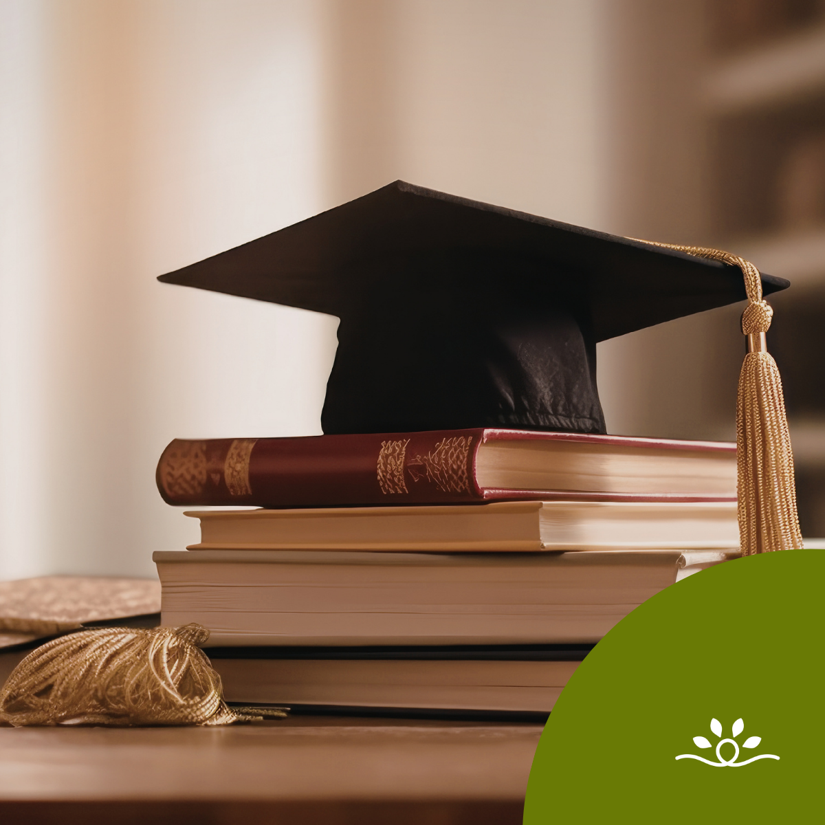 The image features a graduation cap placed atop a stack of books. The cap, made of black fabric, has a flat top and a long, golden tassel hanging from one side, signifying graduation. Below the cap, there are several books. The top book is maroon with decorative gold detailing. Beneath it, there are two additional books in lighter colors. The background is softly blurred.