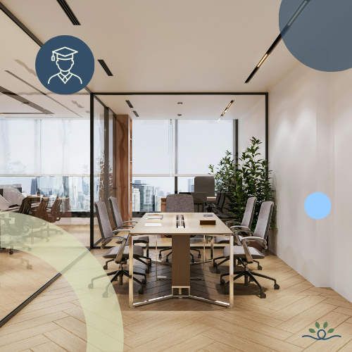 A modern conference room featuring a large wooden table surrounded by six ergonomic chairs with grey fabric upholstery. The table, with a sleek design, includes built-in outlets and appears to be positioned centrally within the room. Glass walls allow for a panoramic view of a city skyline, with soft natural light illuminating the space. The flooring is made of light-colored wooden planks arranged in a herringbone pattern. A tall green plant is placed next to the glass wall, adding a touch of greenery to the professional setting. The ceiling features minimalistic recessed lighting, enhancing the room's contemporary ambiance.